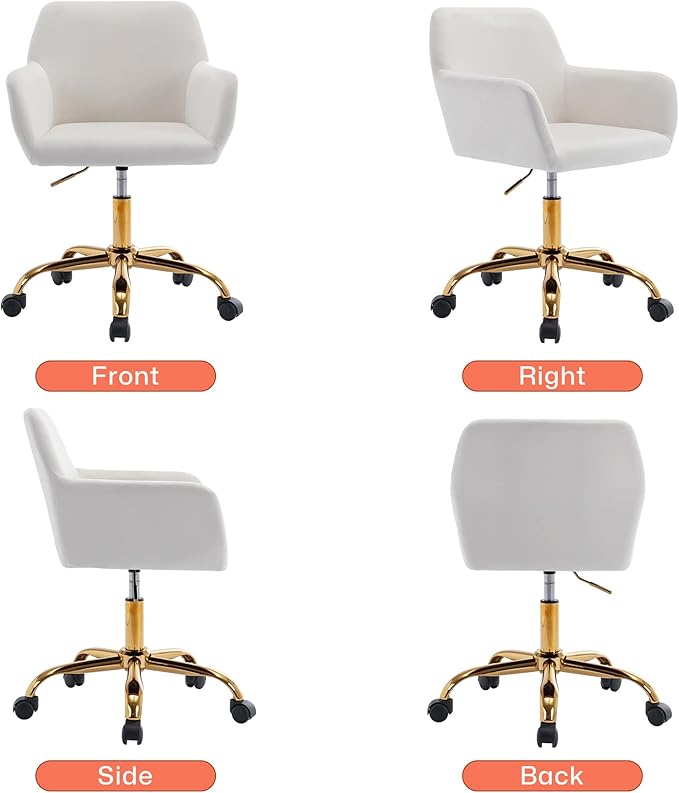 KCC Velvet Office Desk Chair, Comfy Swivel Modern Leisure Armchair with Wheels, Upholstered Comfy Velvet Fabric Makeup Chair Height Adjustable for Teens Women Girls Elegant Home Office, White