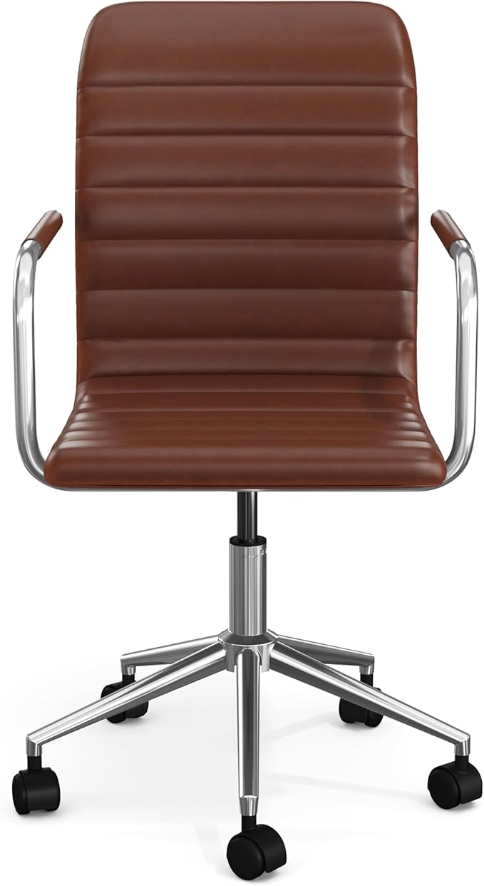 Martha Stewart Taytum Swivel Task Chair with Armrests for Home Office in Saddle Brown Faux Leather with Polished Nickel Frame