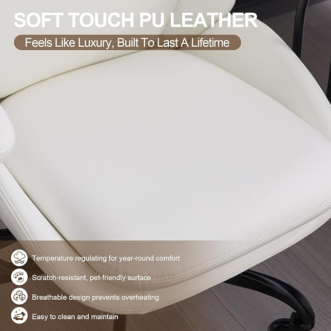Office Chair, Leather Desk Chair with Rubber Wheels, Ergonomic Computer Chair 500 LBS with Lumbar Support, High Back Executive Chair for Modern Home Office, White