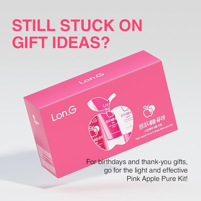 Pink Apple Pure 5-Step Skincare Set – Korean Skincare Travel Kit for Pores & Sebum Control | Jelly Oil Cleanser, Foam Cleanser, Toner, Ampoule, Cream | Portable Gift Set, Made in Korea