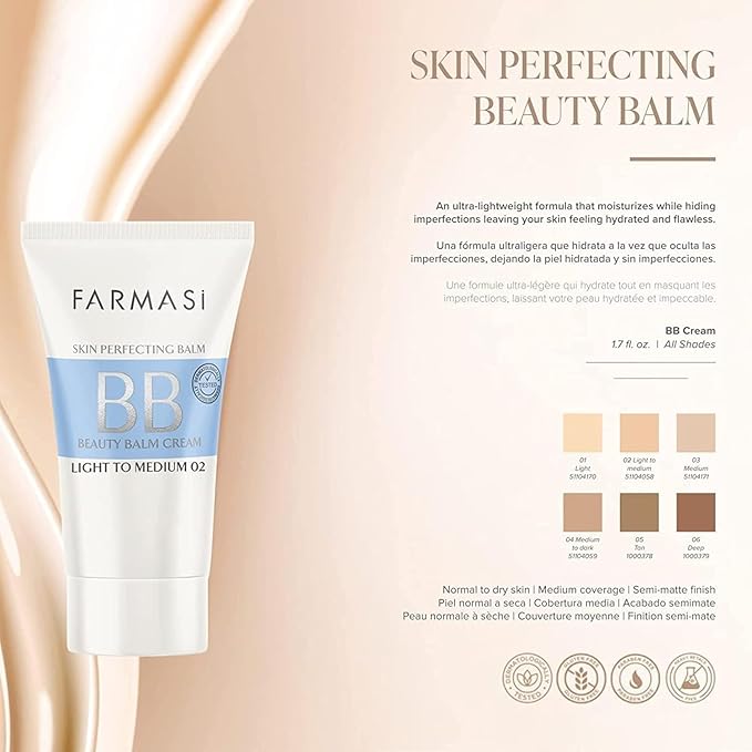 FARMASi BB Cream Beauty Balm, Tinted Moisturizer with SPF 15, Lightweight Matte Finish, Buildable Coverage Face Makeup, 1.7 fl oz, 02 Light to Medium