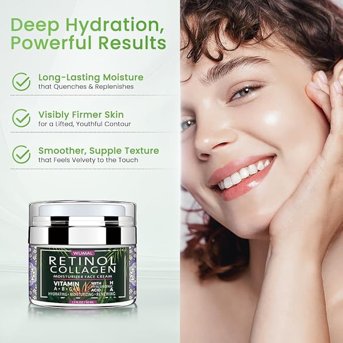 Retinol Cream with Collagen & Hyaluronic Acid - Face Moisturizer for Women and Men - Reduces Wrinkles, Fine Lines and Dryness - 1.7 oz