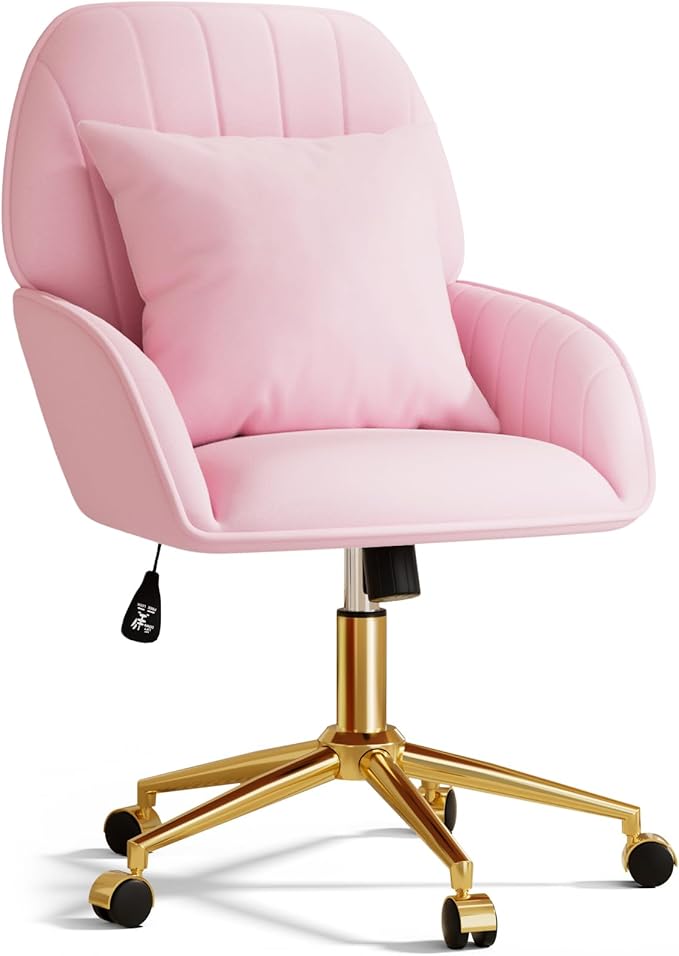 Pink Velvet Desk Chair with Pillow, Upholstered Home Office Desk Chair Makeup Vanity Chair with Swivel Wheels, Ergonomic Office Chair Computer Task Chair for Living Room, Bedroom