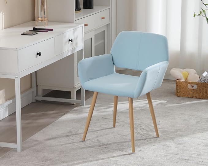 KCC Small Modern Dining Room Arm Chairs 1 Piece, Mid-Century Upholstered Velvet Side Seat Club Guest with Metal Tube Legs for Kitchen, Living Room, Blue