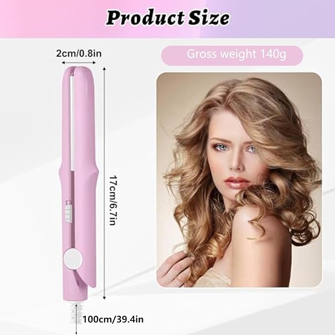 Omaky Upgraded 2-in-1 Mini Curling Wand Flat Iron Hair Straightener,Mini Dual Purpose Curling Flat Iron, Long-Lasting Portable Travel Curling Wand for Women Girls Short Hair, All Hair Types(Pink)