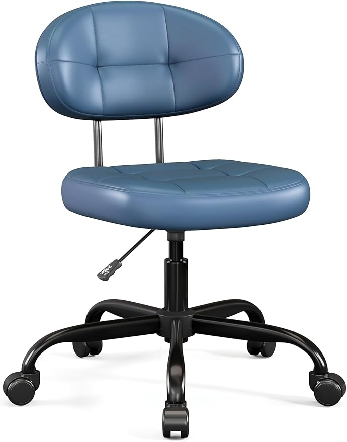 Misolant Vanity Chair with Back, Small Armless Cute Office Chair with Wheels and Lumbar Support, Comfy PU Leather Desk Computer Chairs with Adjustable Height, 360°Swivel for Home Bedroom, Navy Blue