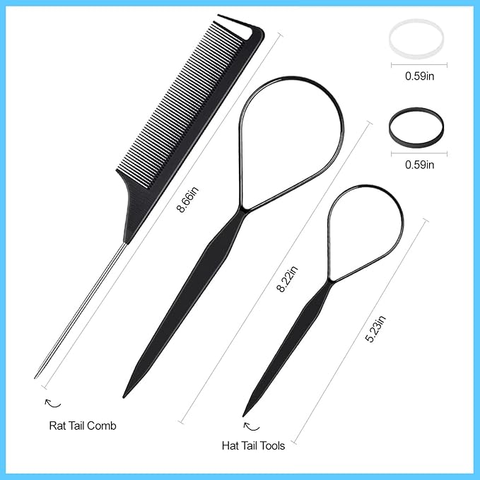 Topsy Tail Hair Styling Set, IKOCO - 1000pcs Hair Elastics (500 Clear, 500 Black), 2 Loop Tools, 1 Rat Tail Comb