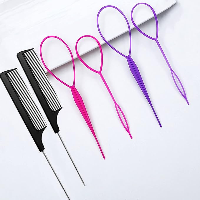 Topsy Tail Hair Tools,6Pcs Hair Loop Styling Tool Set with 2Pcs Metal Pin Rat Tail Comb (black) 4Pcs French Braid Tool Loop (Pink, purple)for Woman,Girls Hair Styling,100pcs Hair Elastic Rubber Bands