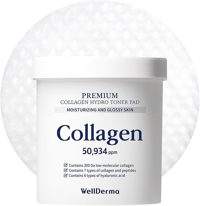 Wellderma Premium Hydro Toner Pad, 250ml / 60 Pads – Hydrating & Firming with Collagen Water 50,934ppm, 7 Peptides & 6 Hyaluronic Acids, Large 75mm Size