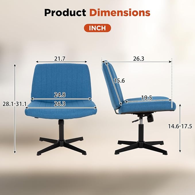 PayLessHere | Criss Cross Chair | Blue | Wide, Armless Desk Chair Without Wheels | 360 Swivel, Height Adjustable & Stable Metal Base | for Office, Home Office, Vanity Seating
