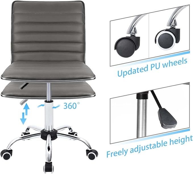 Furmax Vanity Office Desk Chair with Wheels, Armless Small Cute Leather Makeup Computer Task Chair Adjustable Height 360° Swivel (Grey)