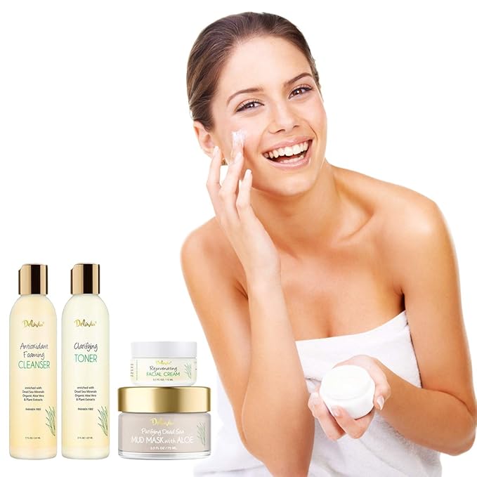 Deluvia Skin Care Set, Travel Size, Gentle Foaming Cleanser Face Wash, Clarifying Facial Toner, Face Moisturizer, Dead Sea Mud Mask, Skin Care Products Deluxe Facial Kit