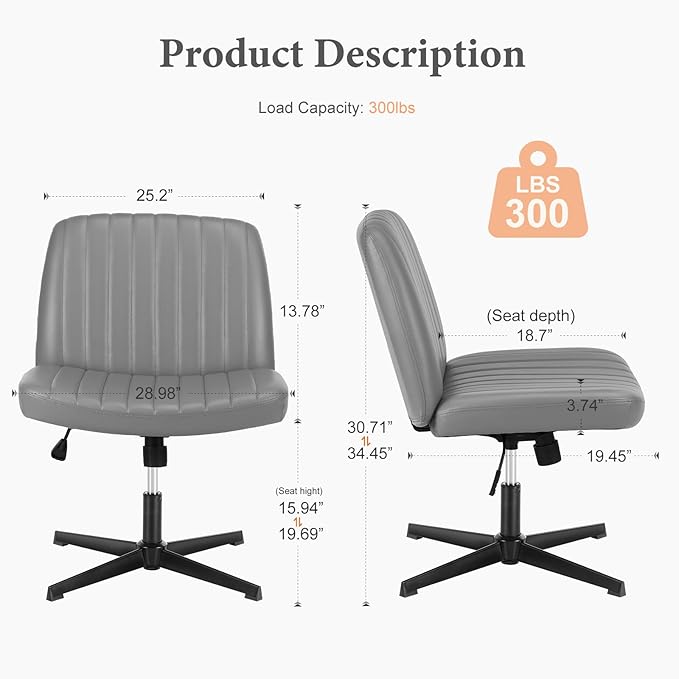 Sweetcrispy Criss Cross Chair Legged, Armless Office Wide Desk Chair No Wheels, PU Leather Swivel Vanity Height Adjustable Fabric Modern Computer Task Seating for Home - Grey