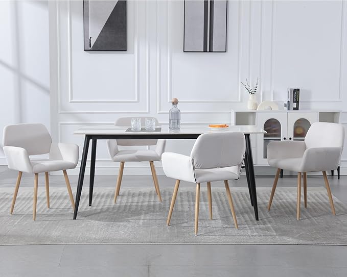 KCC Small Modern Dining Room Arm Chairs Set of 2, Mid-Century Upholstered Velvet Side Seat Club Guest with Metal Tube Legs for Kitchen, Living Room, Beige