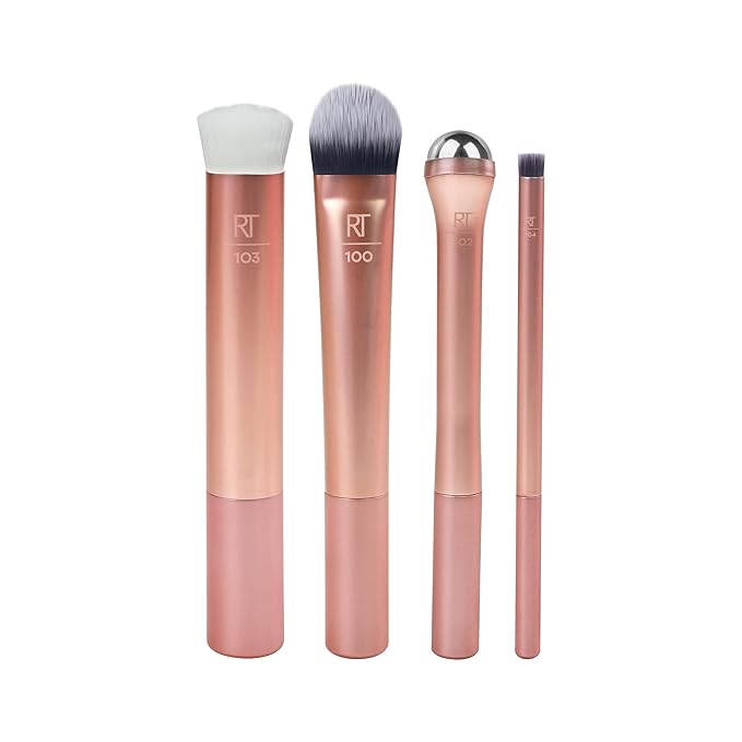 Real Techniques Prep and Prime Makeup Brush Set, Ideal for Exfoliating & Applying Primers, Moisturizers, & Serums, Skincare Tools, Synthetic Bristles, Cruelty-Free & Vegan, 4 Piece Set