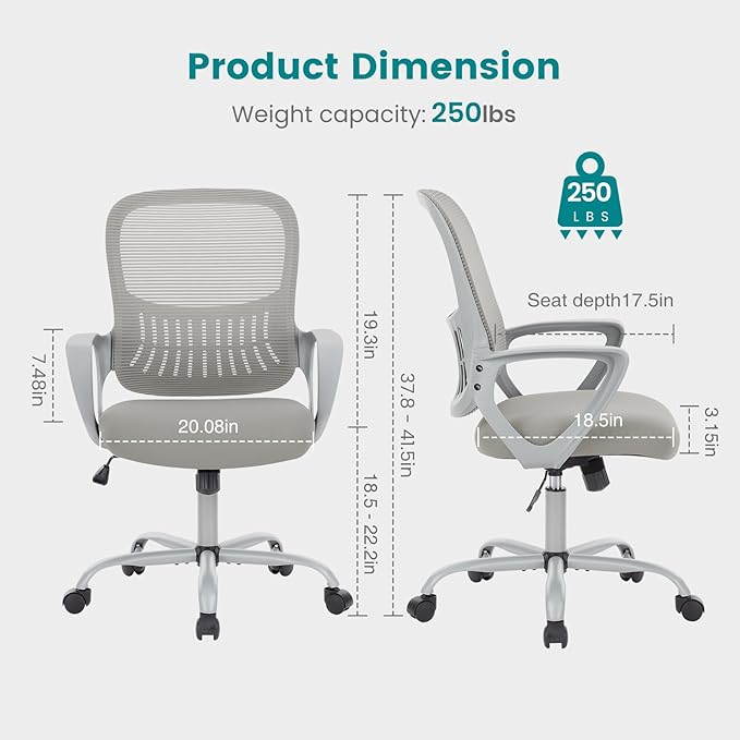 DUMOS Home Office Desk Chair - Ergonomic Mid Back with Lumbar Support & Fixed Armrest, Height Adjustable with Rocking Mode, Storage Back for Computer, Gaming, Conference, 360° Swivel, Grey