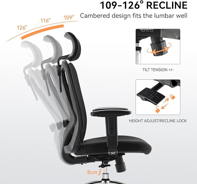Ergonomic Office Chair, Mesh Computer Desk Chair with Adjustable Sponge Lumbar Support, Thick Cushion, PU Armrest and Headrest, High Back Swivel Home Office Task Chair for Work (Black)…