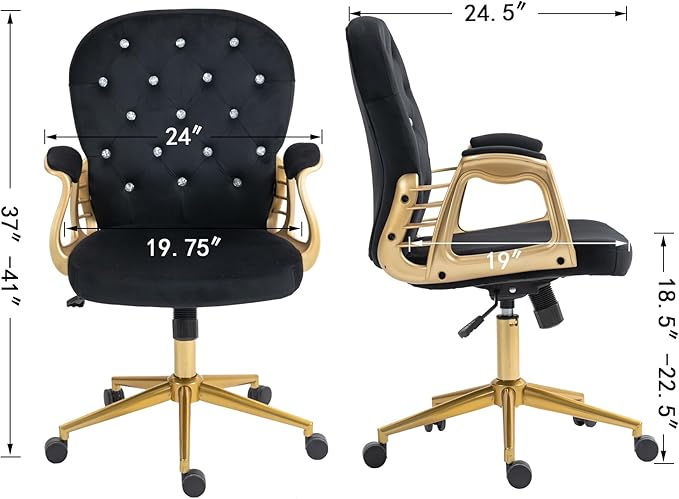 Velvet Home Office Desk Chair Comfy with Gold Base, Comfortable Swivel Makeup Chairs for Vanity with Back and Wheels, Button Tufted Armchair Rolling Chair for Girls Women Study Bedroom, Black