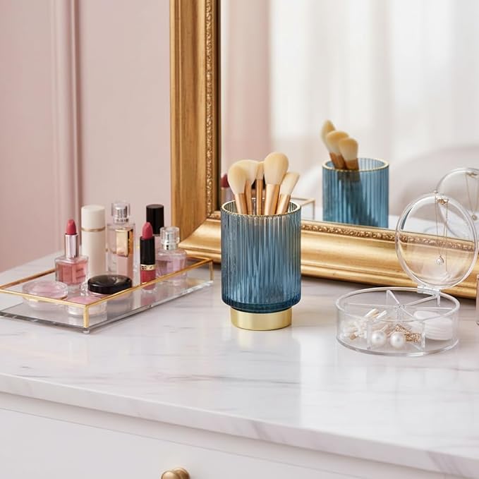 Vintage Makeup Brush Holder Organizer,Dresser Glass Brushes Holder,Vanity Cosmetic Brush Holder,Desktop Crystal Eyeliners Eyebrow Pencil Storage Cup Holder for Countertop (Large Blue)