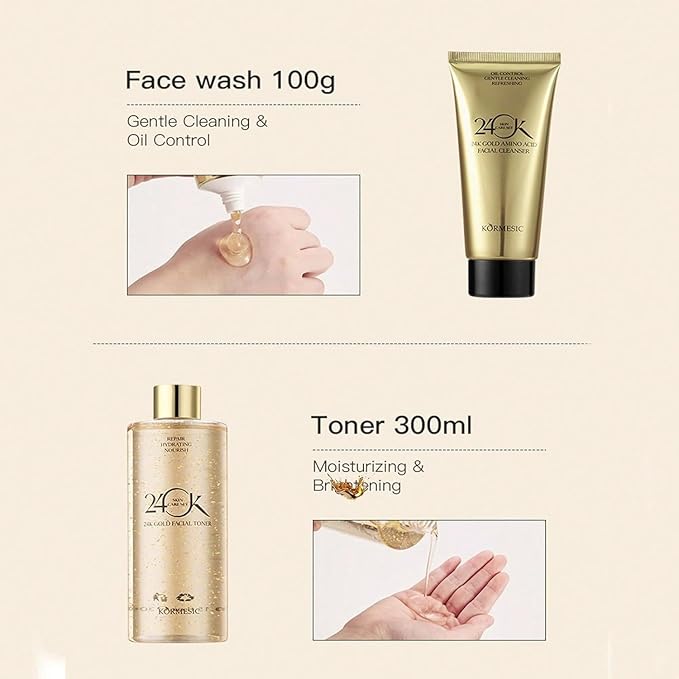 Women’s Gold Skin Care Set 6-Piece Collection - 24K Anti-Aging Skincare Kit: Facial Cleanser, Face Serum 2pcs, Eye Cream, Essence Milk, Toner, Anti-Aging Skin Care Kit for Women