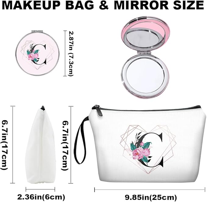 Personalized Initial C floral Makeup Bag set with Mirror for Women,White Ietter Bride Bridesmaid travel Cosmetic bag kit with10 pieces pink brush set,Initial Gifts for Girls Mom femal Friends