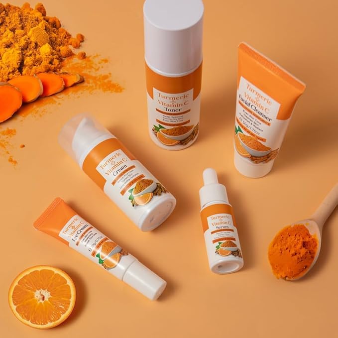 Turmeric Vitamin C Skincare Set for Women, 5 Pieces Face Care Kit - Cleanser Toner Essence Eye Cream Face Moisturizer for Glowing, Brightening Skin, Travel Skin Care Gift Sets for Women
