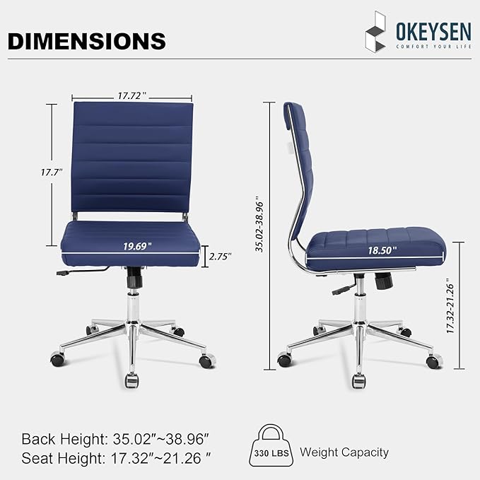 Okeysen Armless Office Desk Chair, Mid Back Ergonomic Swivel Conference Room Chair, Adjustable Height PU Leather Home Desk Chair, Modern Small Rolling Computer Task Chair, Navy Blue