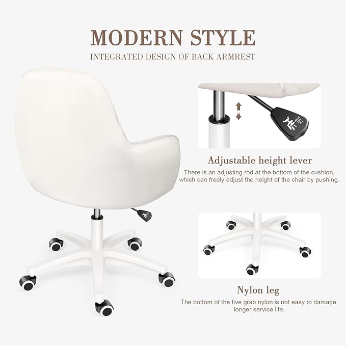 Mid Back Velvet Vanity Chair Swivel Rolling Desk Chair with Wheels, Modern Upholstered Makeup Chair for Women Girls, Computer Task Chair for Bedroom Living Room Office, White