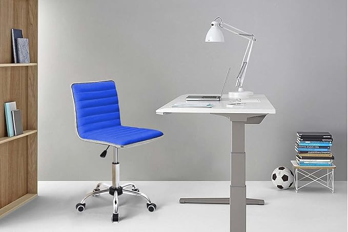 Furmax Vanity Office Desk Chair with Wheels, Armless Small Cute Leather Makeup Computer Task Chair Adjustable Height 360° Swivel (Blue)