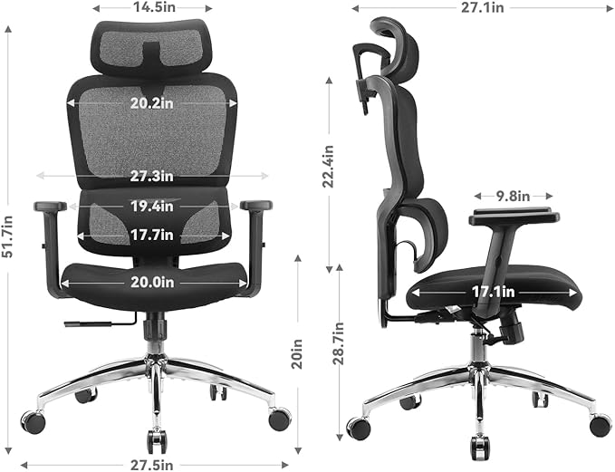 SIHOO Ergonomic Office Chair, High Back Desk Chair, Lumbar Support, Swivel Computer Task Chair with Adjustable Headrest, Tilt Function,Dark Black