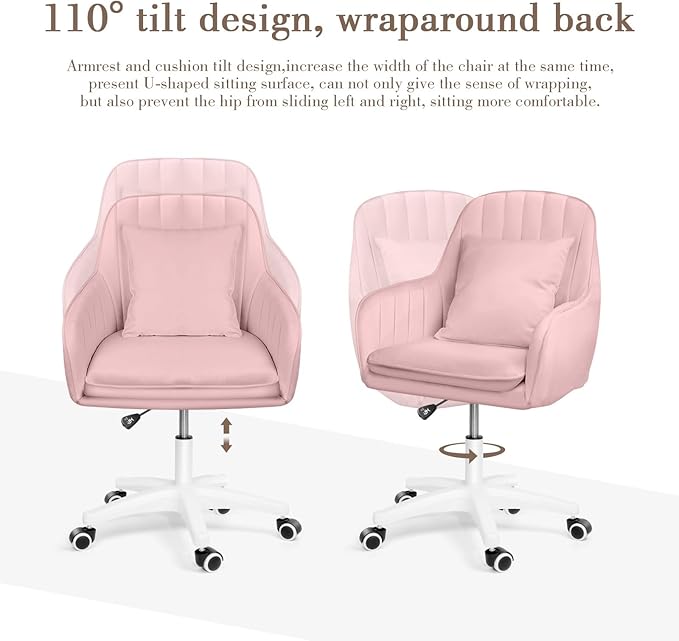 Mid Back Velvet Vanity Chair Swivel Rolling Desk Chair with Wheels, Modern Upholstered Makeup Chair for Women Girls, Computer Task Chair for Bedroom Living Room Office, Pink