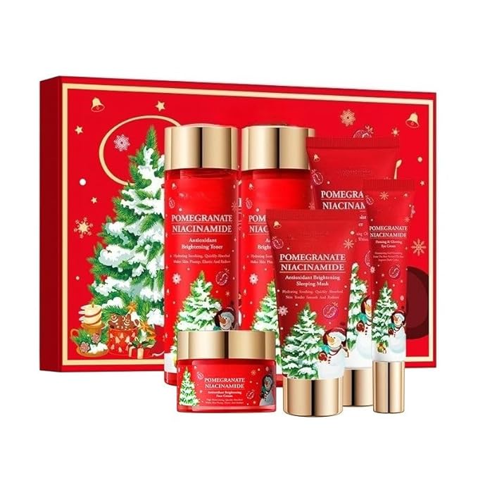 Christmas Skincare Kit Gift 6 Pcs with Facial Cleanser, Sleeping Mask, Lotion, Face Cream, Eye Cream, Toner Moisturizing & Nourishing Skin For Women Teen Girls Pomegranate Extract (Pomegranate)