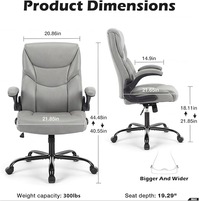 DUMOS Office Chair Set of 2 - Ergonomic Executive Computer Desk Chairs with Adjustable Flip-up Armrest, Swivel Task Chair with Lumbar Support, Strong Metal Base, PU Leather, Grey