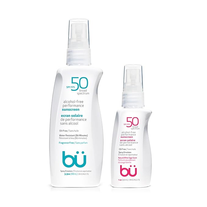 BU SPF 50 Sunscreen Spray for Face and Body, 2-Pack with 3.3 oz Fragrance Free and 1 oz White Sage, Clear, Non Greasy, Water Resistant