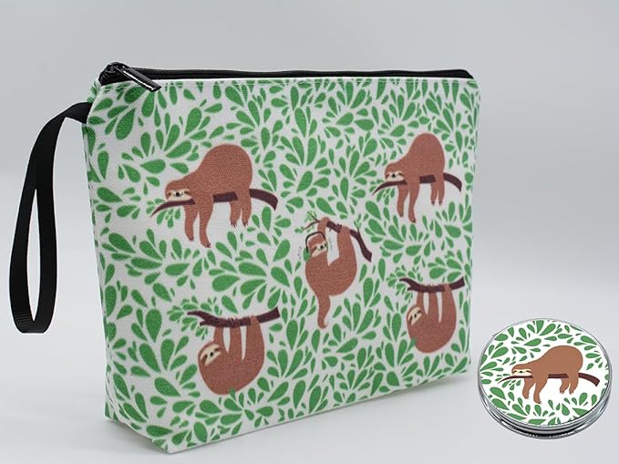 Personalized cute Sloth Makeup Bag set with Mirror for Women,Sloth theme Travel Cosmetic bag kit for Bride Bridesmaid with10 pieces pink brush set,Sloths Stuff Gifts for Women Mom femal Friends