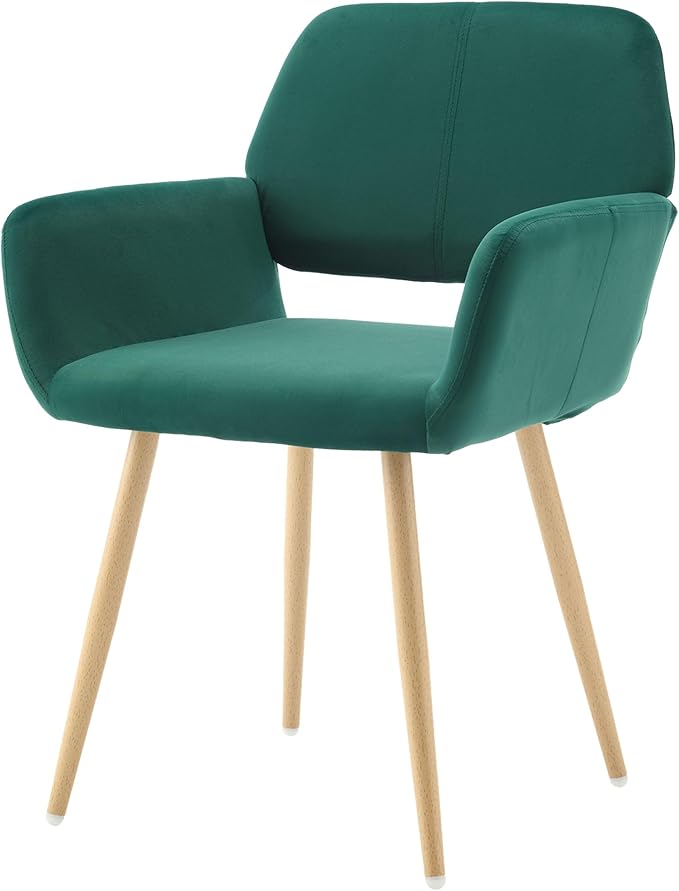 Home Office Velvet Desk Chair, Makeup Vanity Chair, Comfy Accent Armchair with Wood Grain Metal Legs, Cute Dining Chair with Hollowed Back, Dark Green