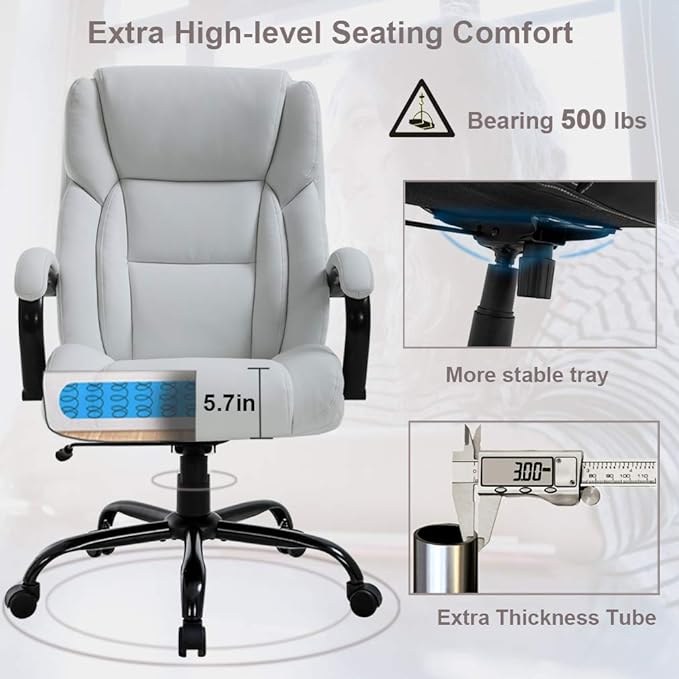 Office Chair 500lbs Wide Seat Ergonomic Desk Chair PU Leather Computer Chair Task High Back Executive Chair with Lumbar Support Armrest Adjustable Chair for Heavy People, White