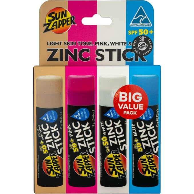 Sun Zapper Zinc Sunscreen Stick Beach 4-Pack SPF 50+ – Mineral Sunscreen Sticks for Face, Water Resistant Zinc Sunblock for Kids and Family, Travel Size 12g (0.42 oz), Australian Made