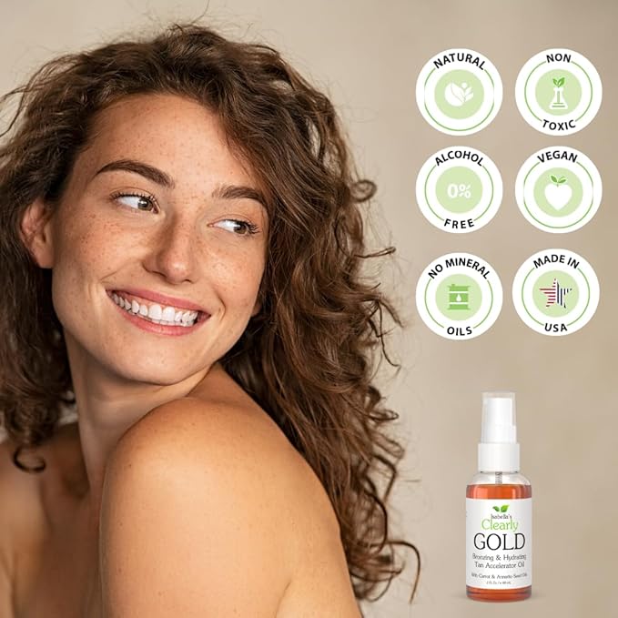 Isabella's Clearly GOLD, Natural Indoor and Outdoor Tanning Oil with Bronzer | Moisturizing Sun Tan Accelerator for a Healthy Bronze Glow with Carrot Seed Oil | Made in USA