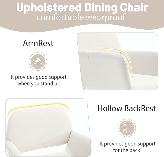 KCC Small Modern Dining Room Arm Chairs Set of 4, Mid-Century Upholstered Velvet Side Seat Club Guest with Metal Tube Legs for Kitchen, Living Room, Beige