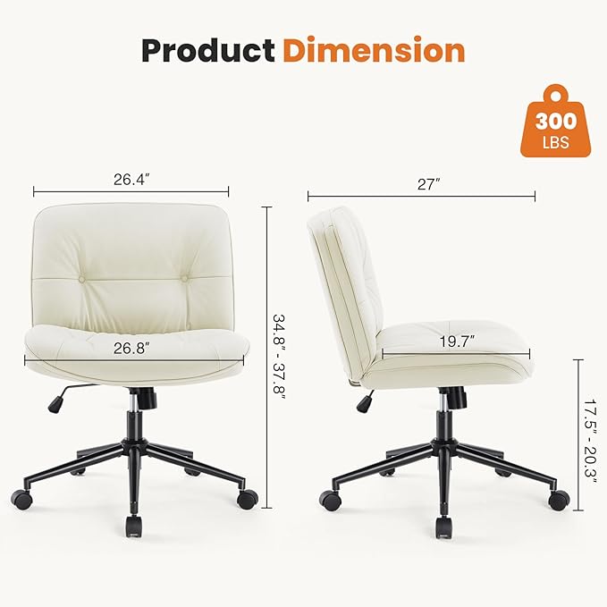 Sweetcrispy Armless-Office Desk Chair with Wheels, Cross Legged Wide Chair, PU Leather Comfortable Adjustable Swivel Computer Task Chairs for Home,Office,Make Up,Small Space,Bed Room Light Beige