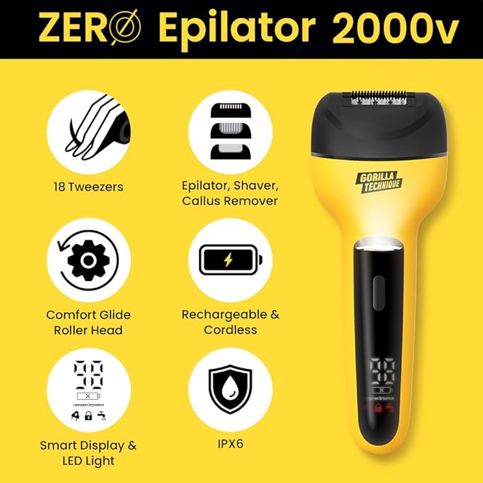 Gorilla Technique 3-in-1 Epilator 2000V, Body Hair Removal Device, Pain Relief Roller, Cordless Rechargeable Electric Tweezers & Shaver & Callus Remover, Women & Men, Korean Skin Care - 2000V