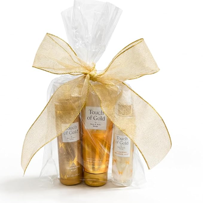 Bath & Body Works TOUCH OF GOLD Full-Size Gift Set – Fine Fragrance Mist, Diamond Shimmer Mist & Ultimate Hydration Body Cream with 40-Inch Gold Metallic Ribbon Bow – Holiday Bundle
