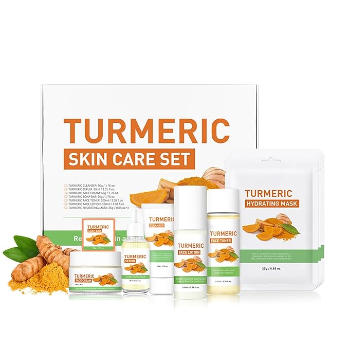 Turmeric Skin Care Set, 9 Pcs Turmeric Skin Care Kit with 3 Sheet Masks, Soap Bar, Face Wash, Toner, Serum, Face Moisturizer Cream, Face Lotion, Reduce Acne, Christmas Gifts for Women Girls