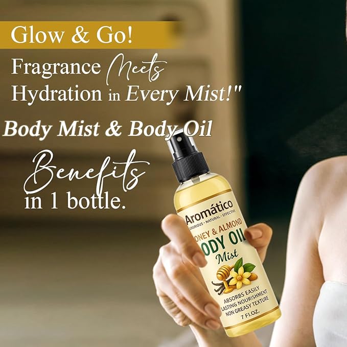 Honey & Almond Body Oil Mist for Women – 7 fl oz | Lightweight, Non-Sticky, Spray-on formula for Daily use After Shower | Moisturized, Soft, Glowing Skin | Cozy Honey & Almond Scent
