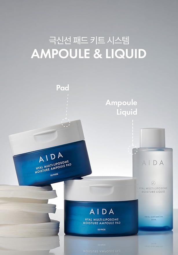 AIDA Hyal Multi-Liposome 30,000 ppm Moisture Ampoule Pad Kit, Toner Pad, Anti Aging, Smoth and Glow Skin for all skin type 90mm size pad, 50 sheets