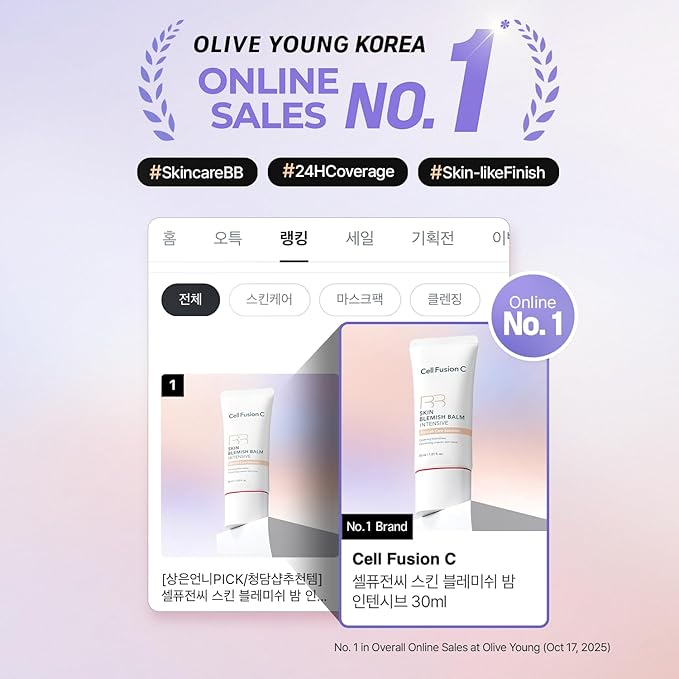 Cell Fusion C Skin Blemish Balm No.21 Natural Light - Light, SPF-Free, Skincare-Enriched BB Cream, 24h Natural Coverage, Tinted Moisturizer, Korean Makeup, 1.01 fl.oz.
