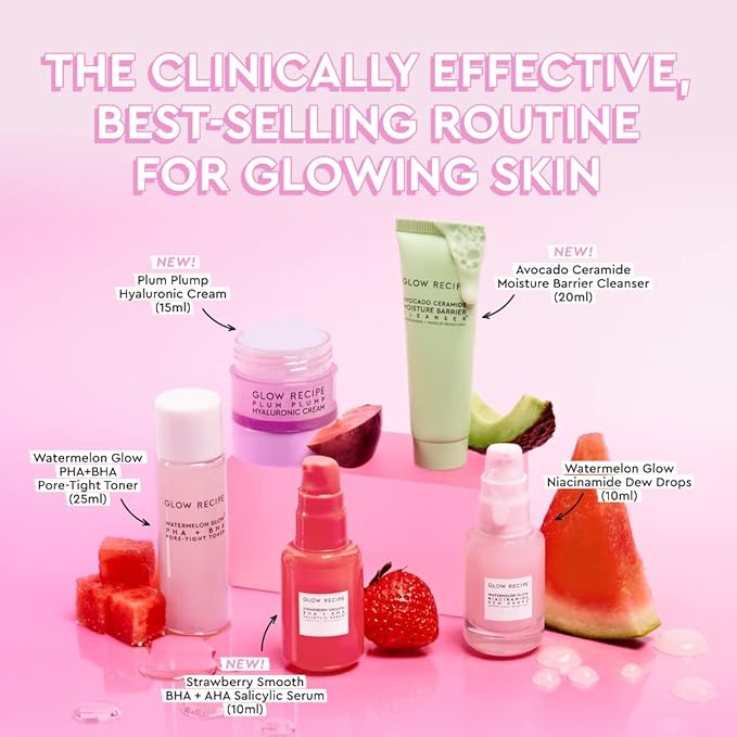 Glow Recipe - Fruit Babies Bestsellers Kit - Mini Travel Size Beauty Essentials - Avocado Foam Cleanser, Niacinamide Dew Drops Serum, Pore-Tight Toner, Salicylic Serum, Hyaluronic Acid Cream (5 Count)