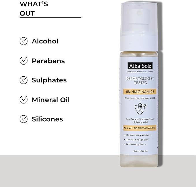 5% Niacinamide Face Toner with Fermented Rice Water | pH 5.5 Balancing Toner | Hydrates, Refines Pores & Brightens for Glass Skin | Dermatologist Tested | 100 ml (3.38 fl oz)