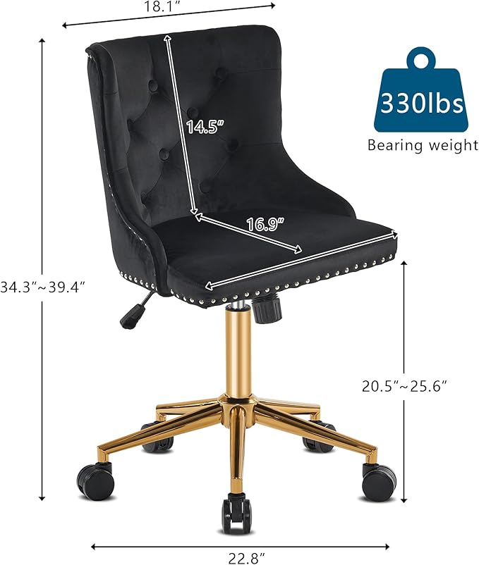 VINGLI Black Velvet Armless Home Office Desk Chair with Gold Base/Wheels, Small Cute Vanity/Makeup Chair with Back for Bedroom, Upholstered Adjustable Rolling Swivel Nail Chair for Women/Girls